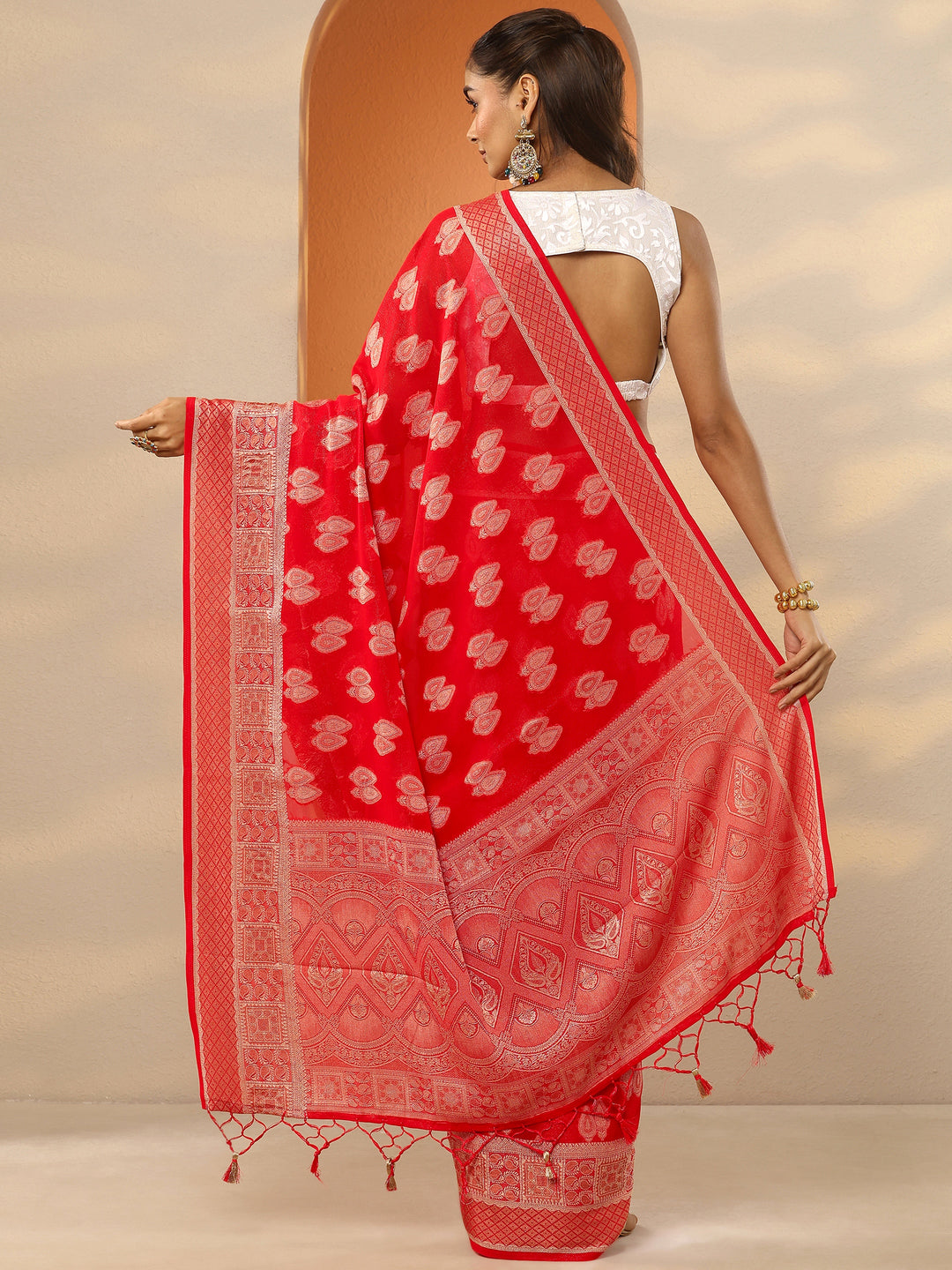  Red Woven Design Pure Georgette Saree With Unstitched Blouse Piece 