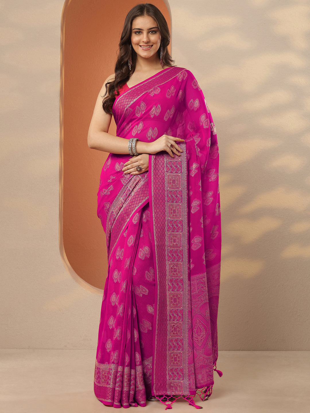  Pink Woven Design Pure Georgette Saree With Unstitched Blouse Piece 
