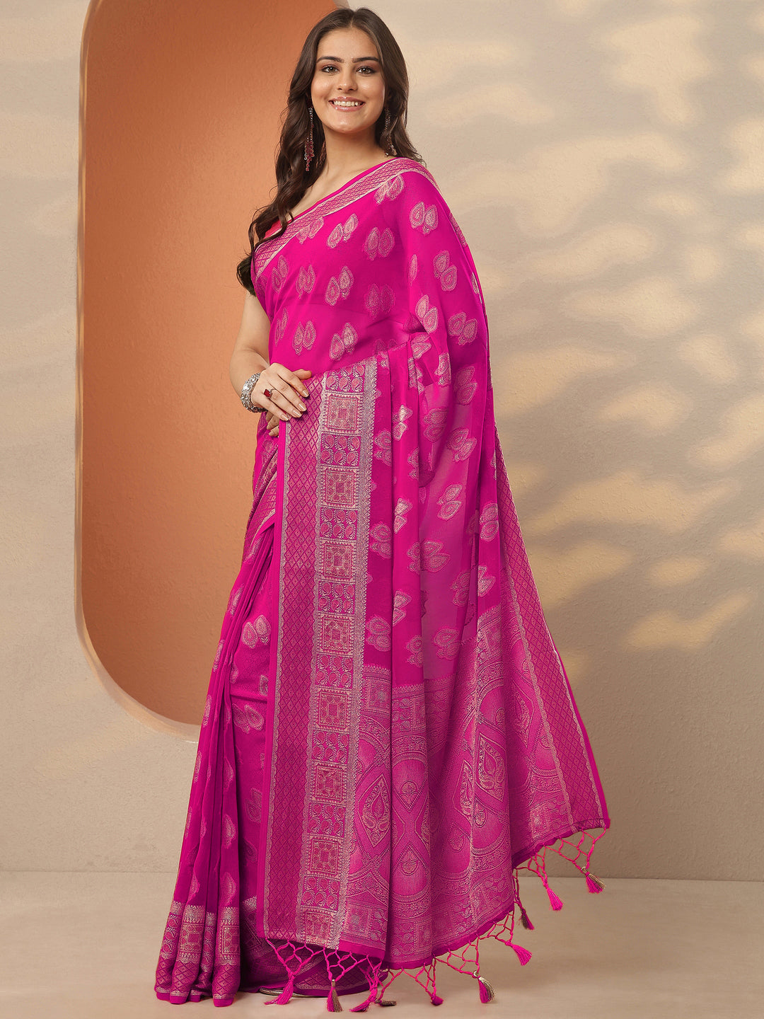  Pink Woven Design Pure Georgette Saree With Unstitched Blouse Piece 