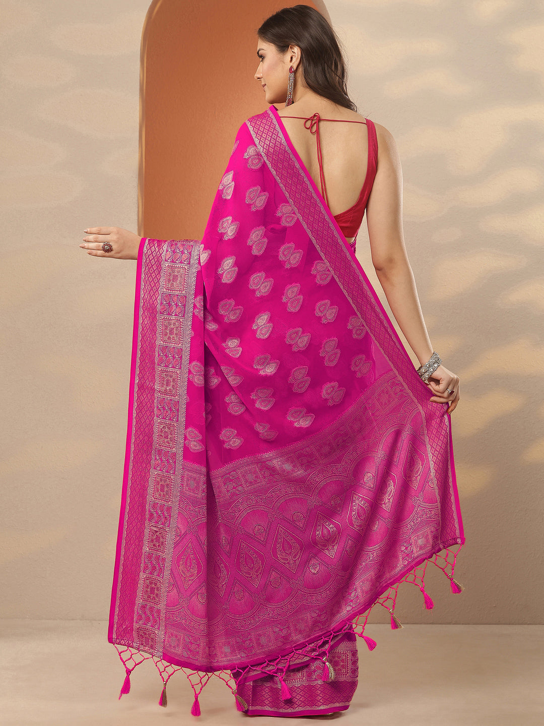  Pink Woven Design Pure Georgette Saree With Unstitched Blouse Piece 