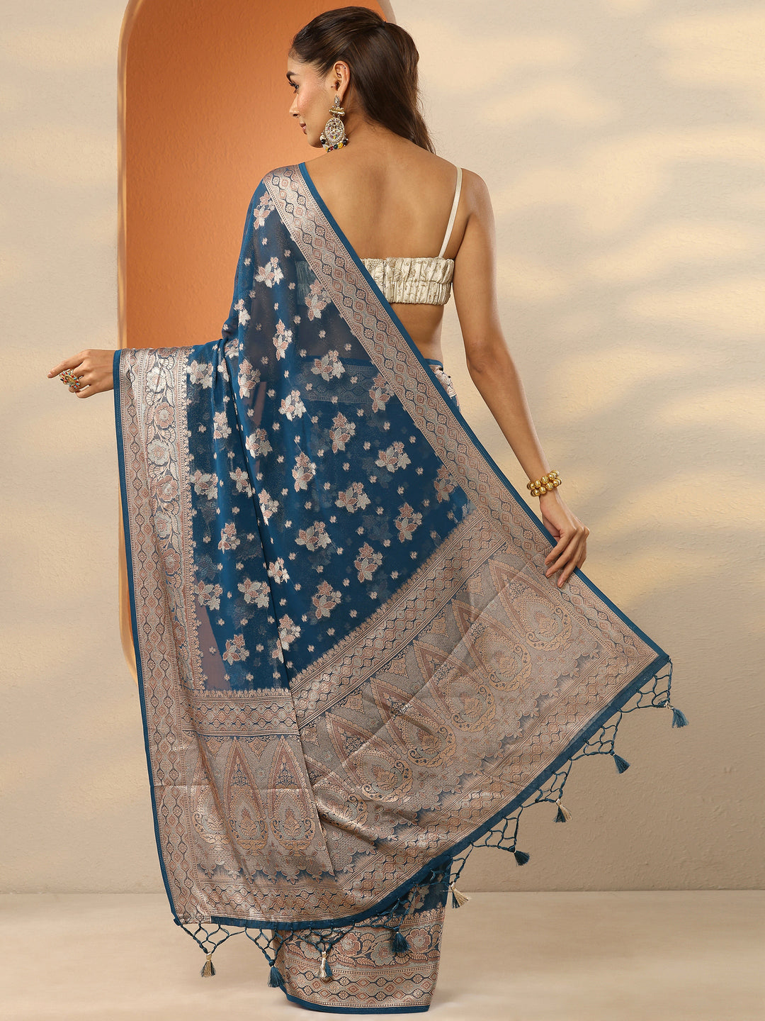  Navy Blue Woven Design Pure Georgette Saree With Unstitched Blouse Piece 