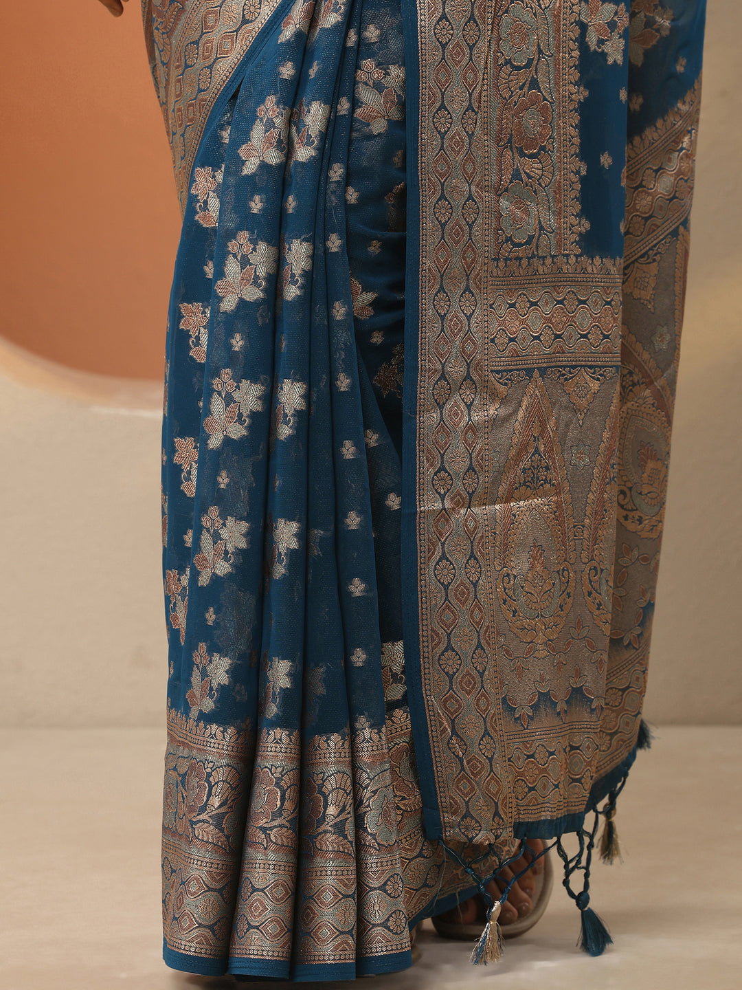  Navy Blue Woven Design Pure Georgette Saree With Unstitched Blouse Piece 