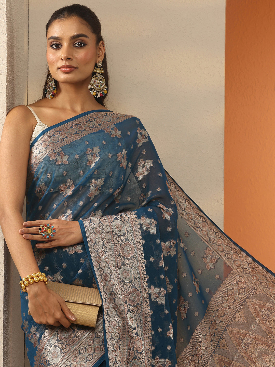  Navy Blue Woven Design Pure Georgette Saree With Unstitched Blouse Piece 