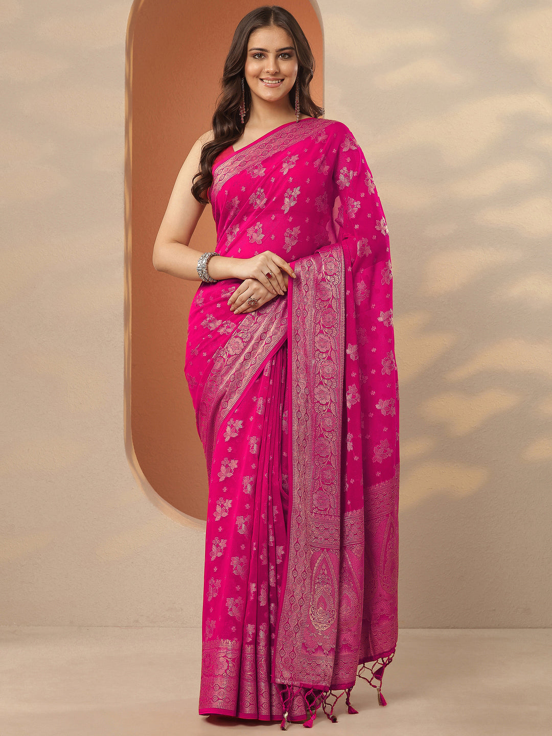  Pink Woven Design Pure Georgette Saree With Unstitched Blouse Piece 