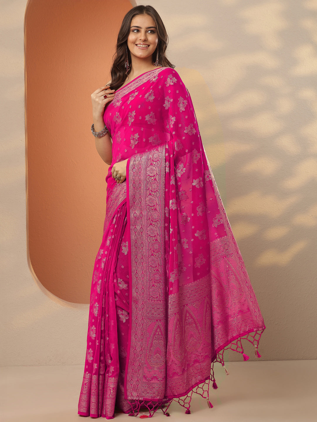  Pink Woven Design Pure Georgette Saree With Unstitched Blouse Piece 