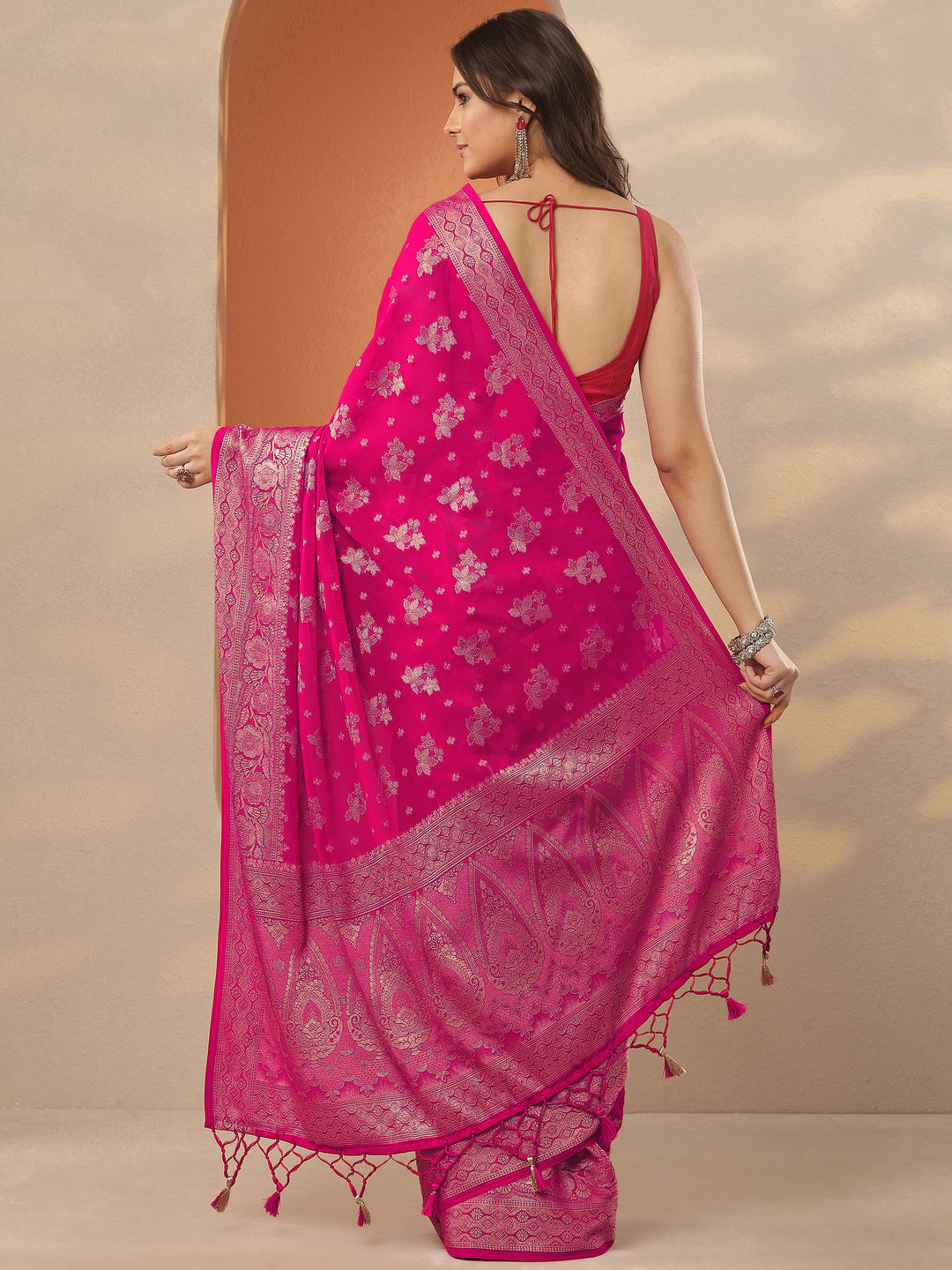  Pink Woven Design Pure Georgette Saree With Unstitched Blouse Piece 