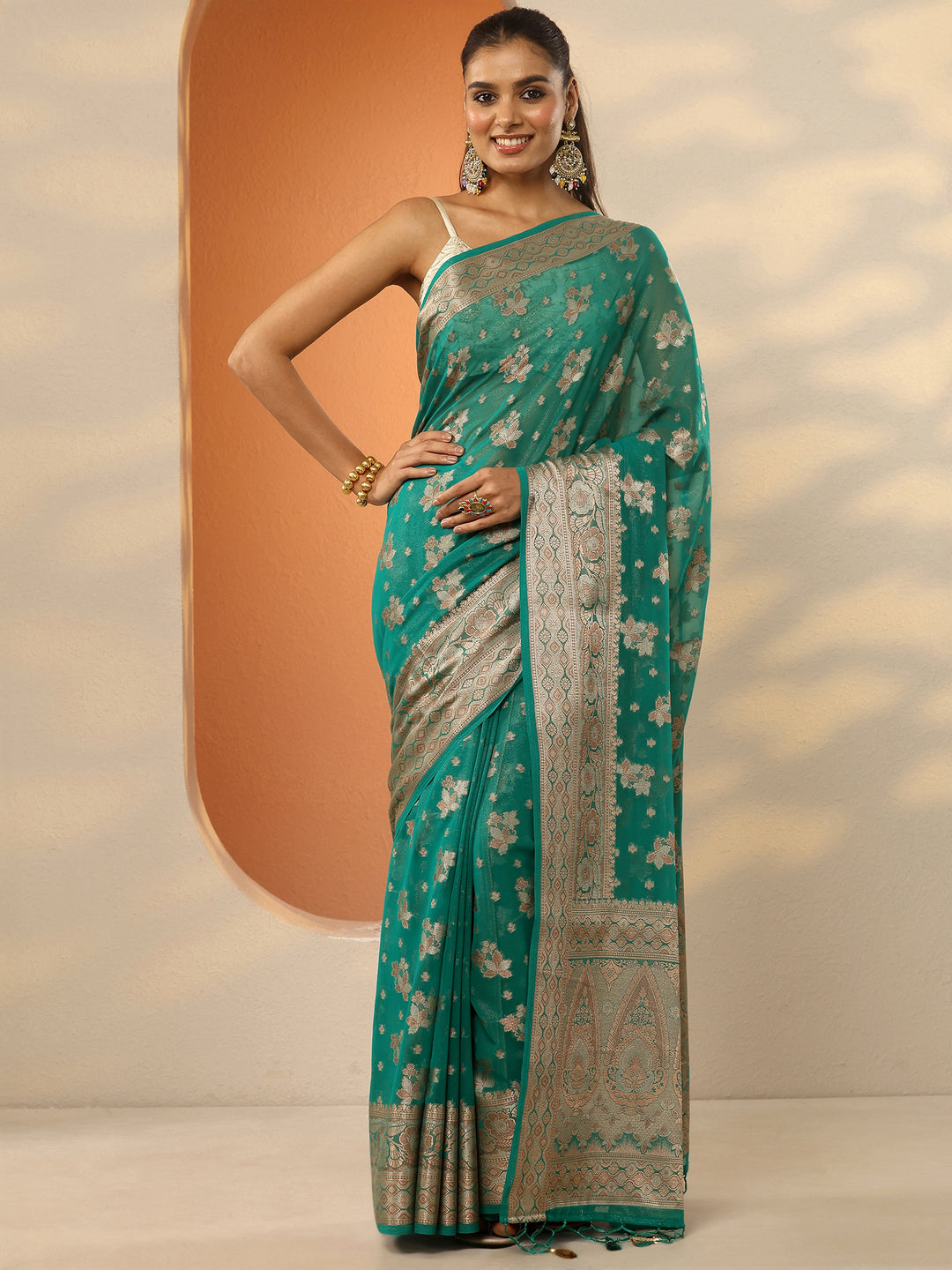  Green Woven Design Pure Georgette Saree With Unstitched Blouse Piece 