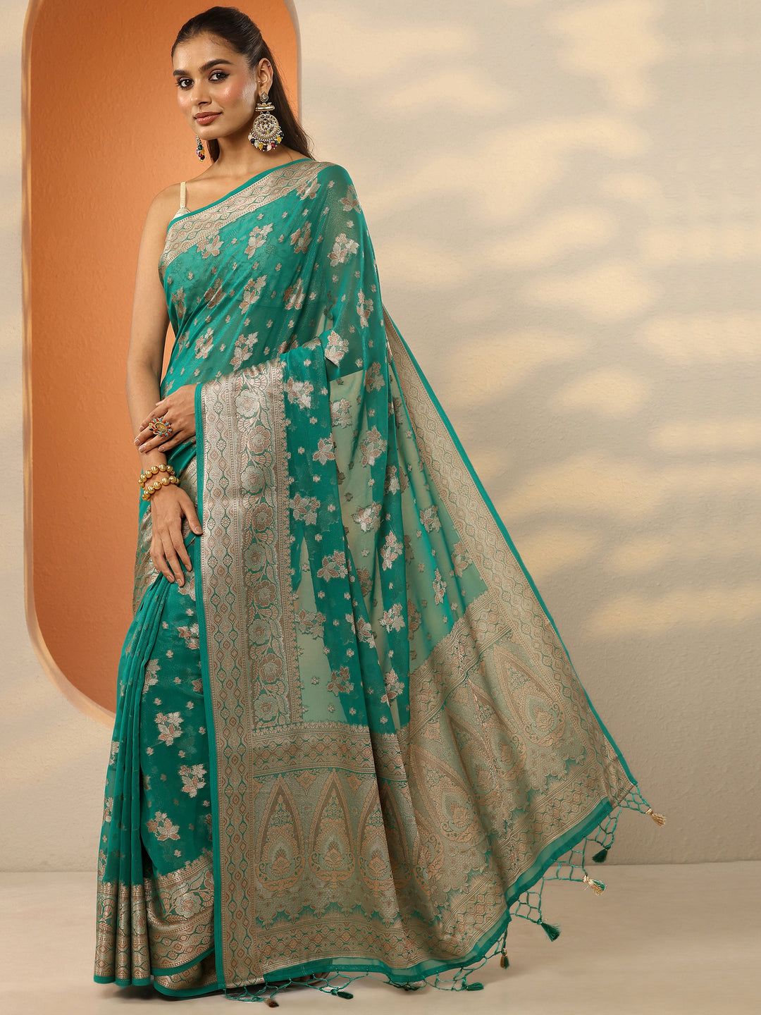  Green Woven Design Pure Georgette Saree With Unstitched Blouse Piece 