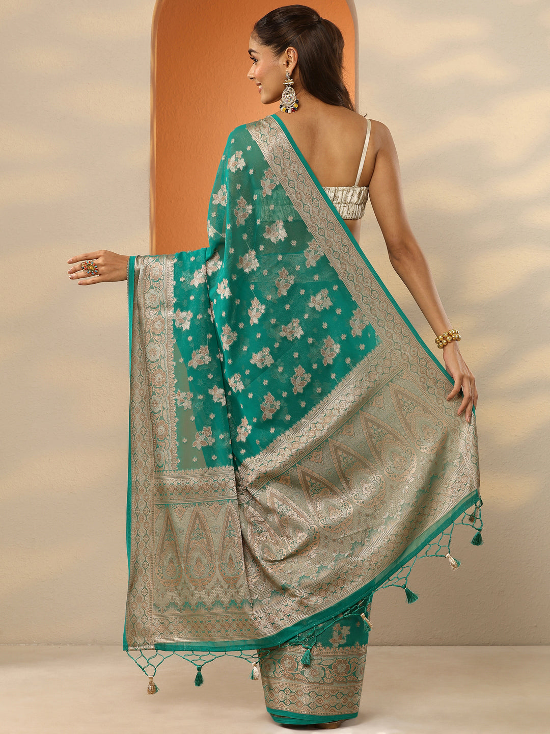  Green Woven Design Pure Georgette Saree With Unstitched Blouse Piece 