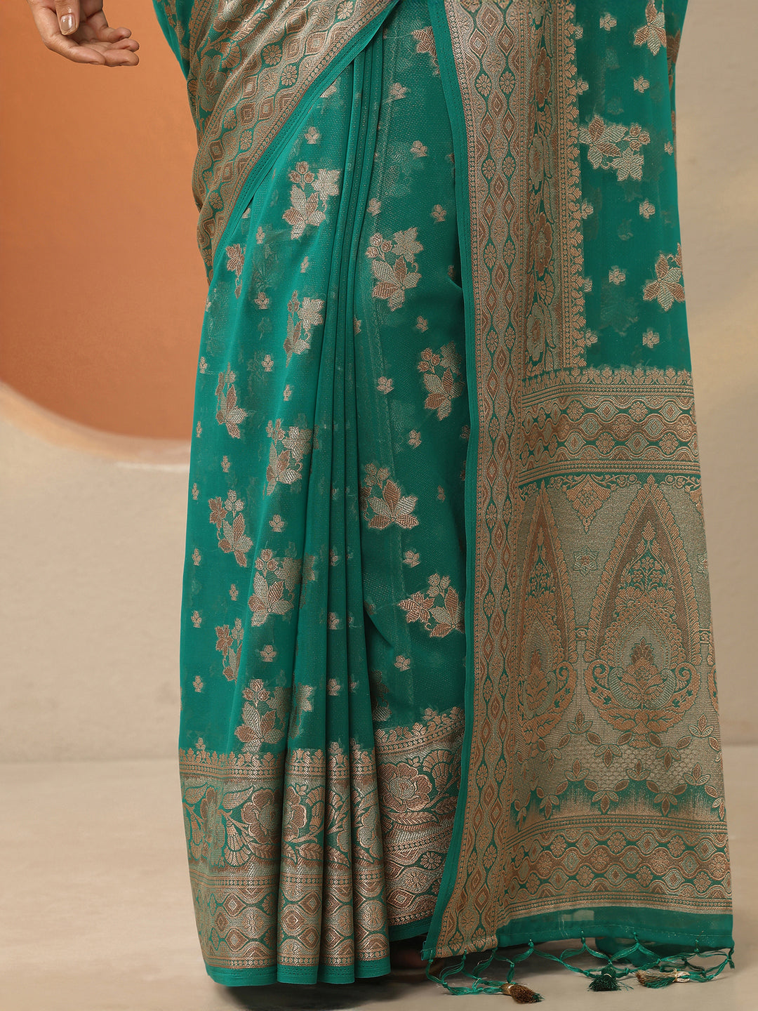  Green Woven Design Pure Georgette Saree With Unstitched Blouse Piece 