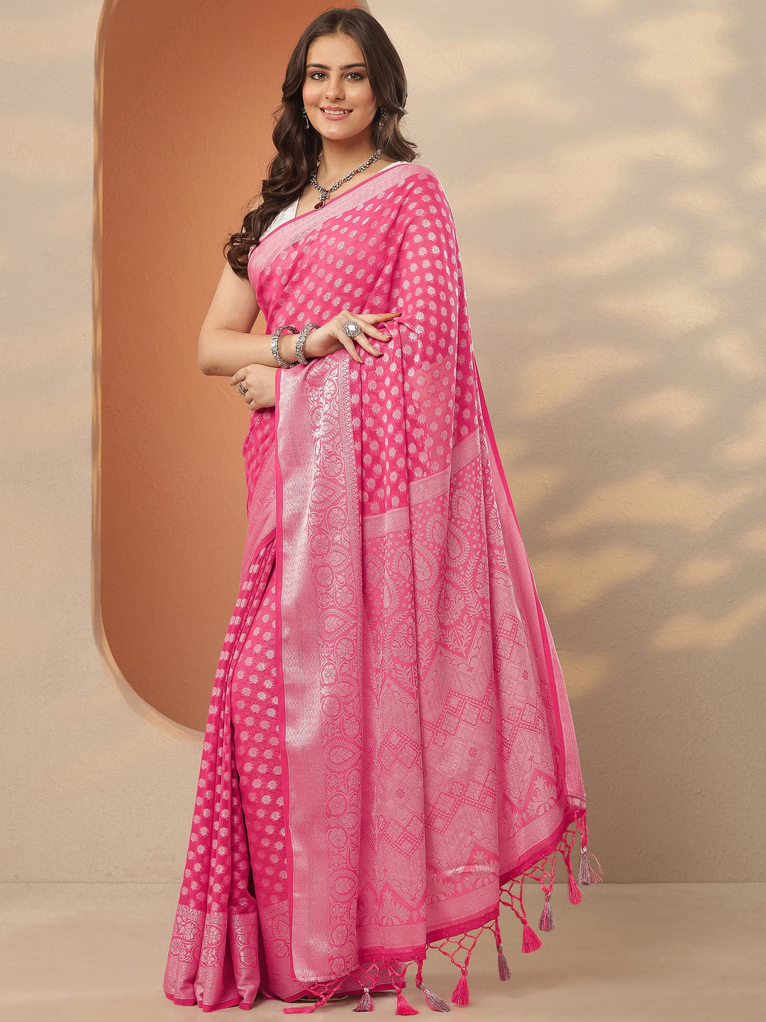  Pink Woven Design Pure Georgette Saree With Unstitched Blouse Piece 