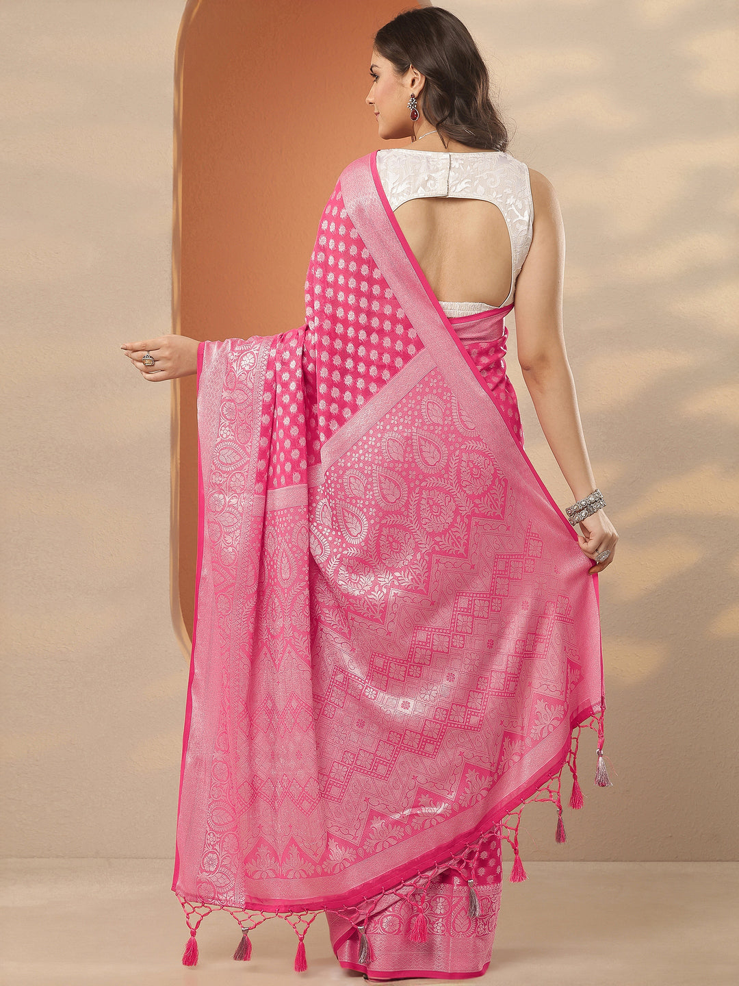  Pink Woven Design Pure Georgette Saree With Unstitched Blouse Piece 