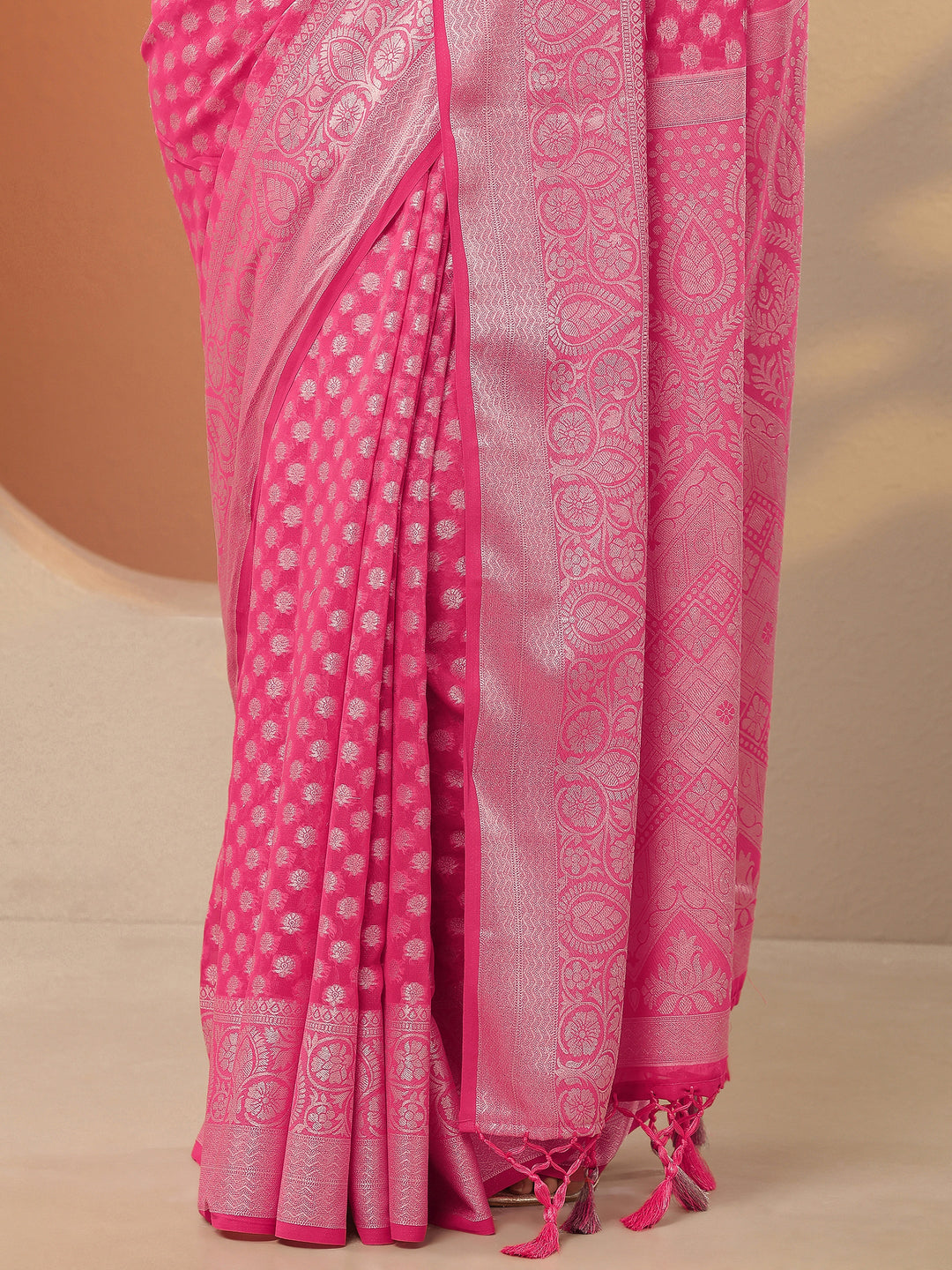  Pink Woven Design Pure Georgette Saree With Unstitched Blouse Piece 