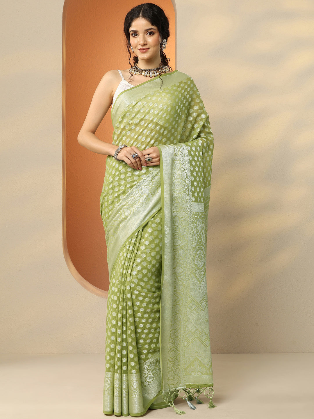  Green Woven Design Georgette Saree With Unstitched Blouse Piece 