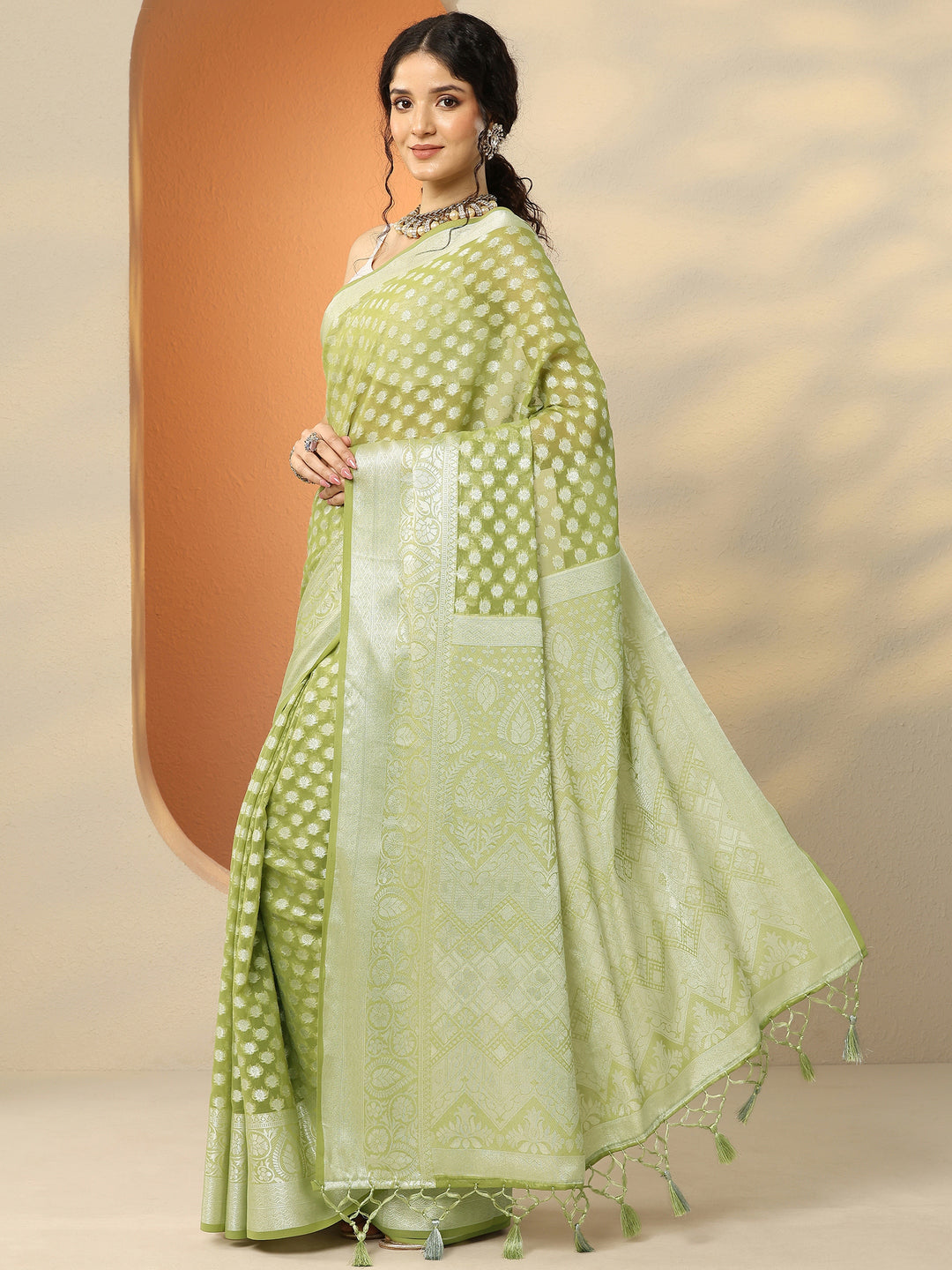  Green Woven Design Georgette Saree With Unstitched Blouse Piece 