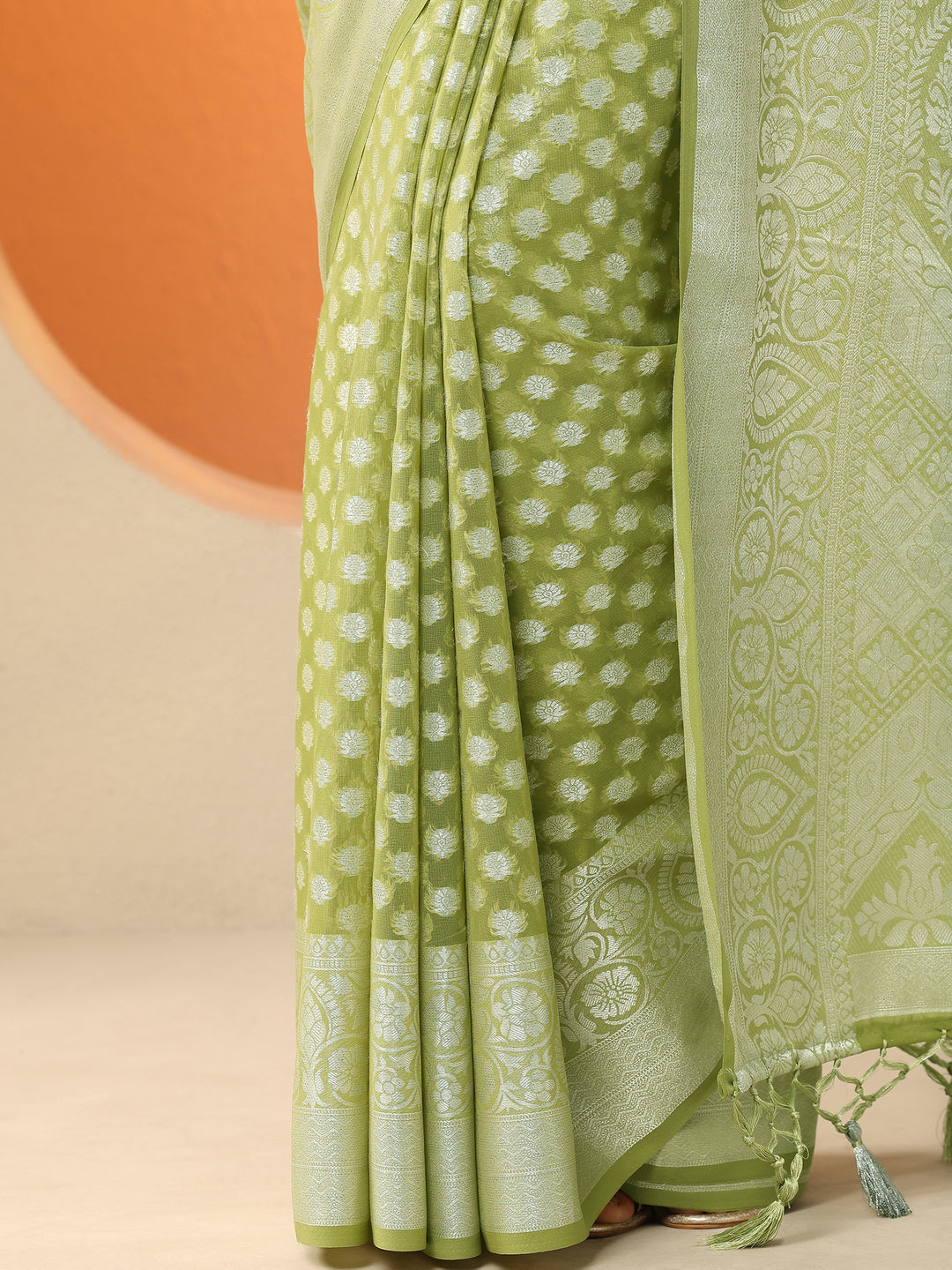  Green Woven Design Georgette Saree With Unstitched Blouse Piece 