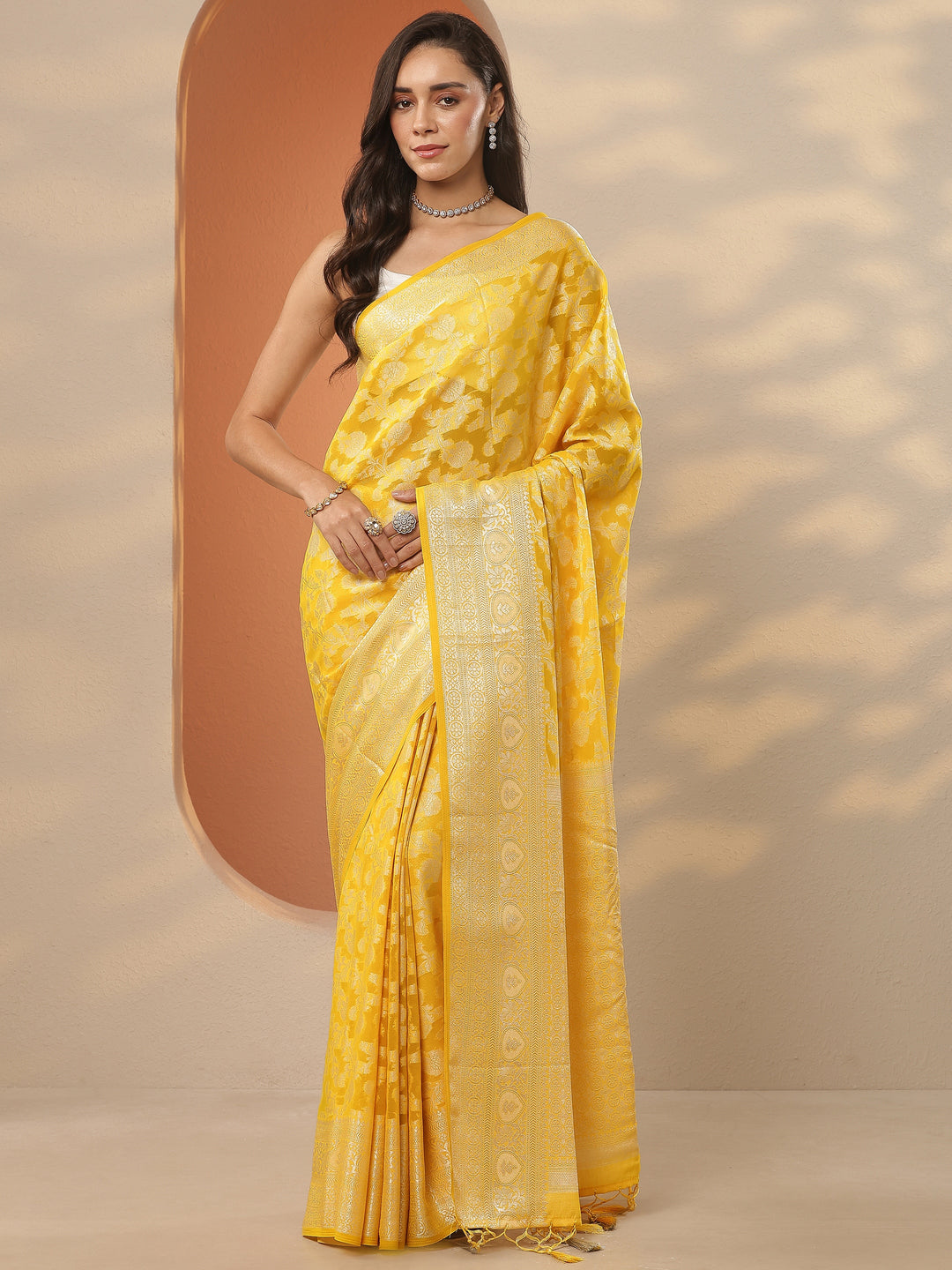  Yellow Woven Design Pure Georgette Saree With Unstitched Blouse Piece 