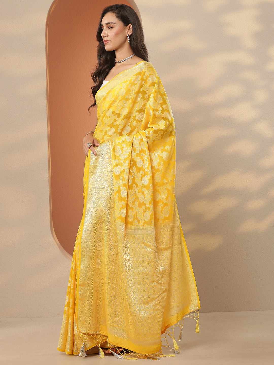  Yellow Woven Design Pure Georgette Saree With Unstitched Blouse Piece 