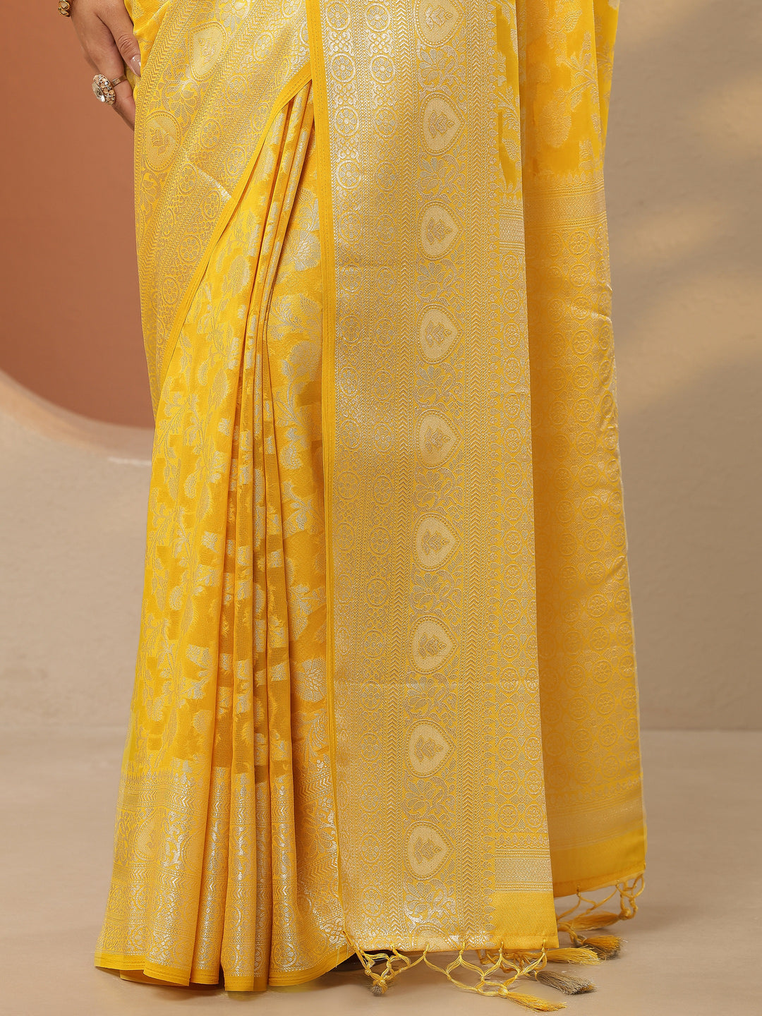  Yellow Woven Design Pure Georgette Saree With Unstitched Blouse Piece 