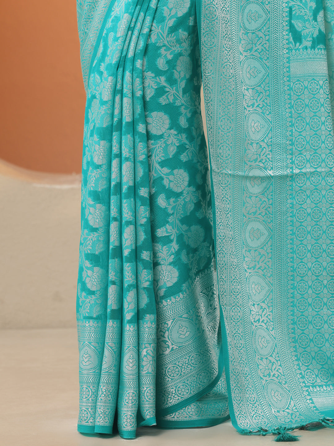  Green Woven Design Pure Georgette Saree With Unstitched Blouse Piece 