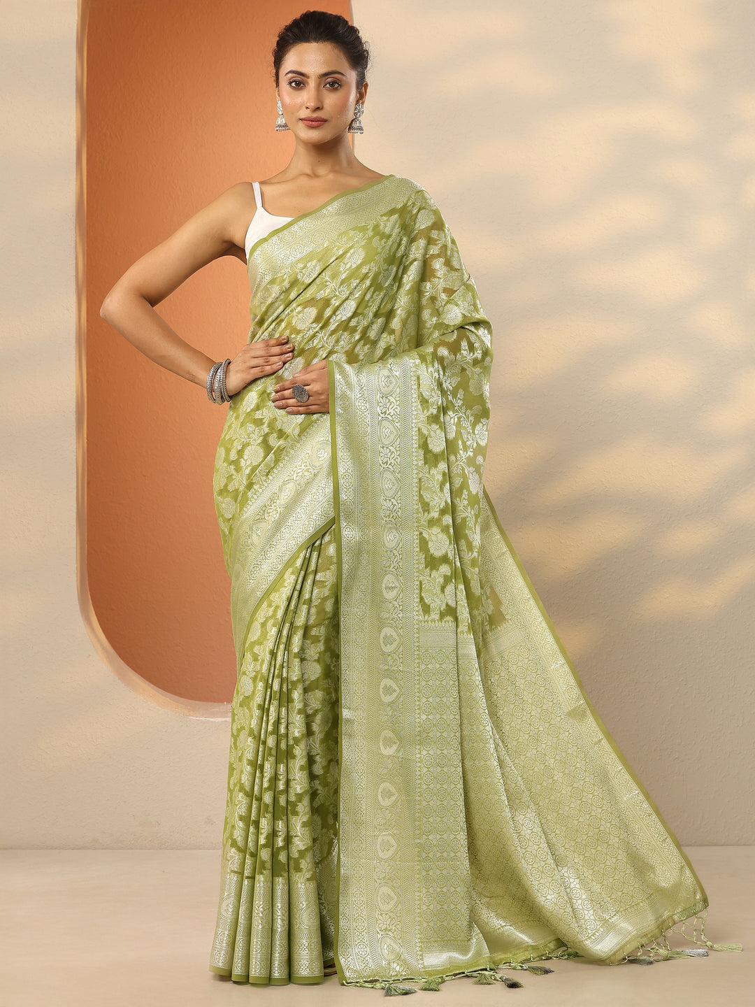  Green Woven Design Pure Georgette Saree With Unstitched Blouse Piece 