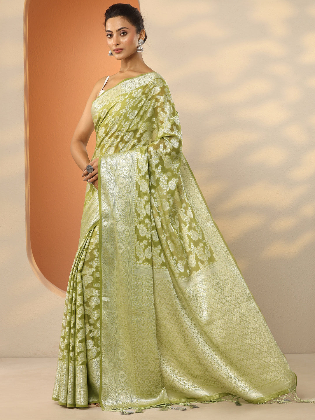  Green Woven Design Pure Georgette Saree With Unstitched Blouse Piece 