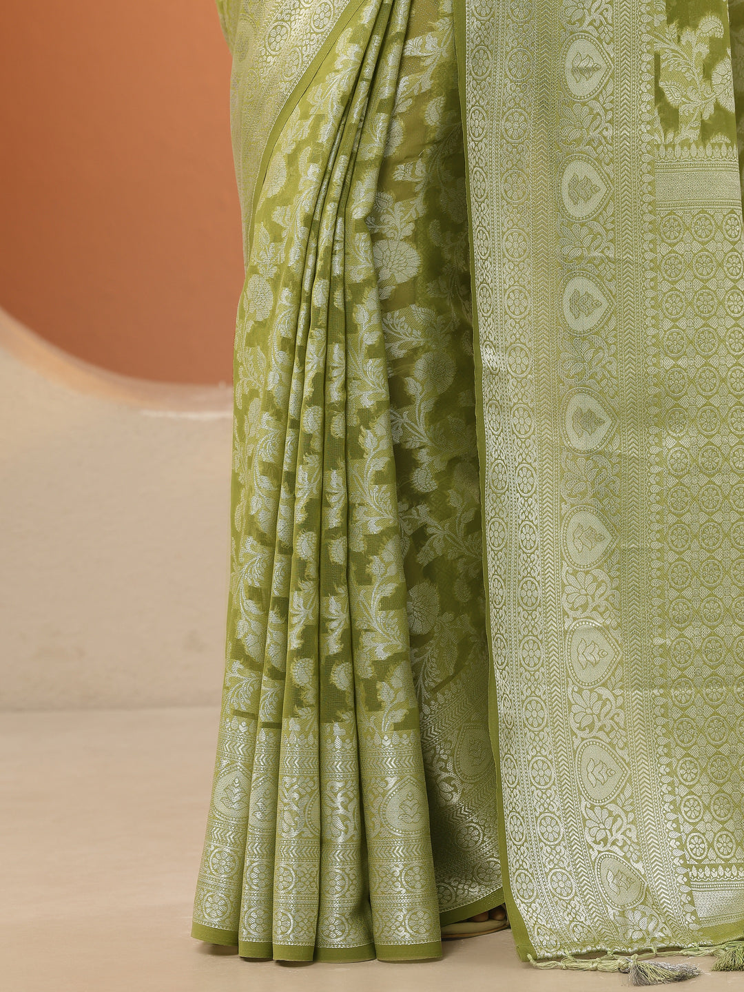  Green Woven Design Pure Georgette Saree With Unstitched Blouse Piece 