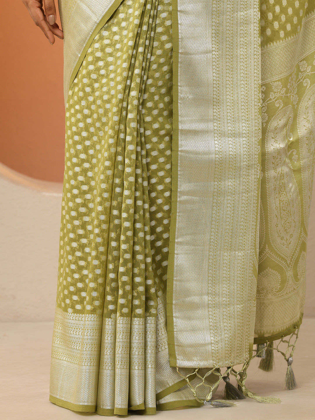  Green Woven Design Pure Georgette Saree With Unstitched Blouse Piece 