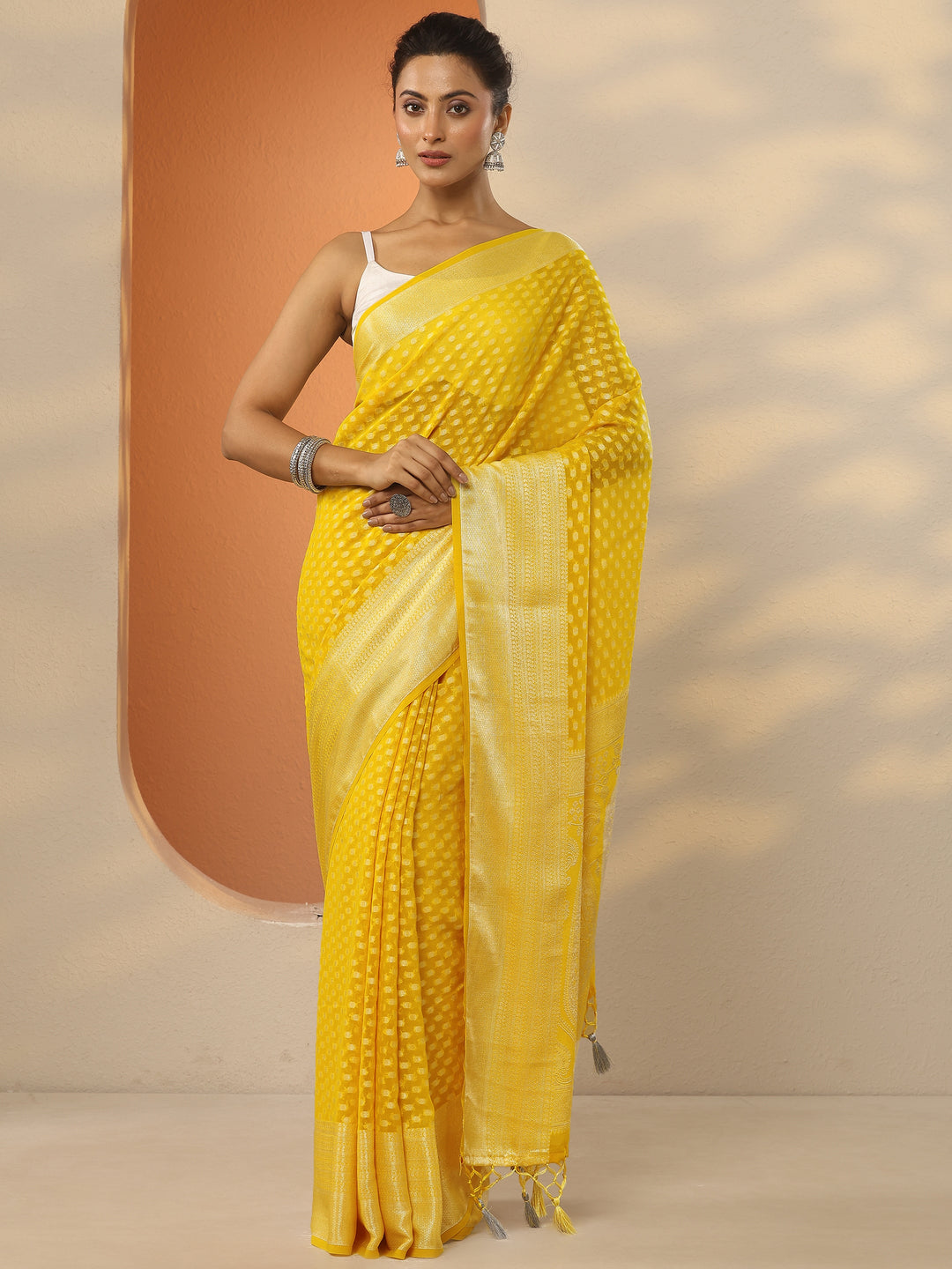  Yellow Woven Design Pure Georgette Saree With Unstitched Blouse Piece 