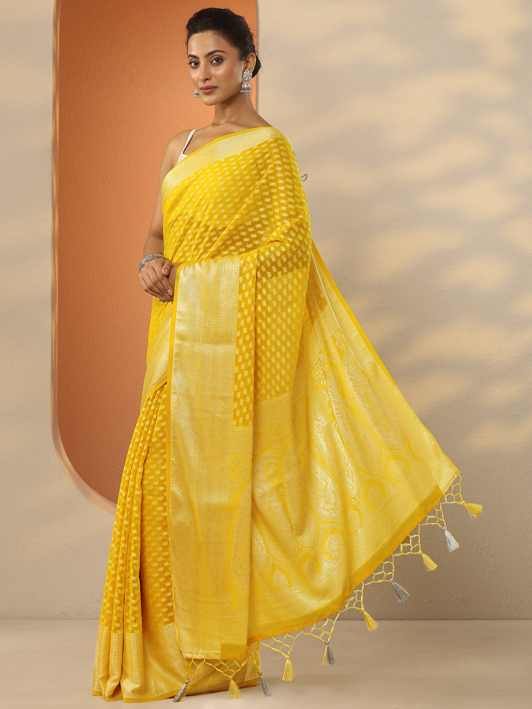  Yellow Woven Design Pure Georgette Saree With Unstitched Blouse Piece 