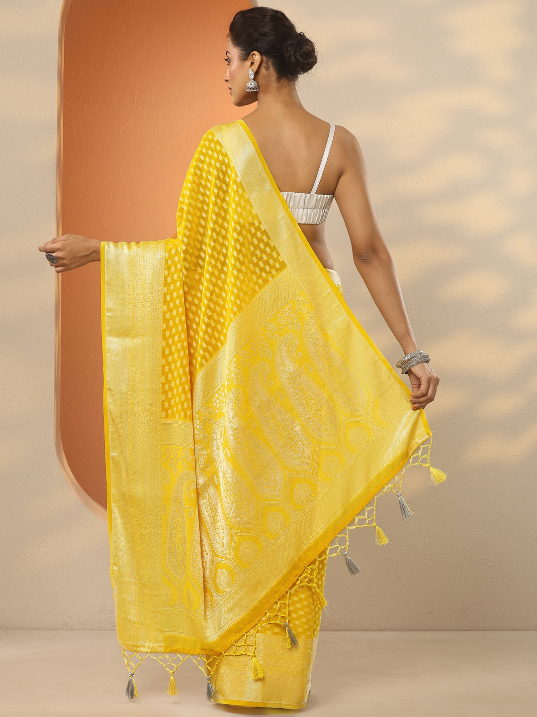  Yellow Woven Design Pure Georgette Saree With Unstitched Blouse Piece 