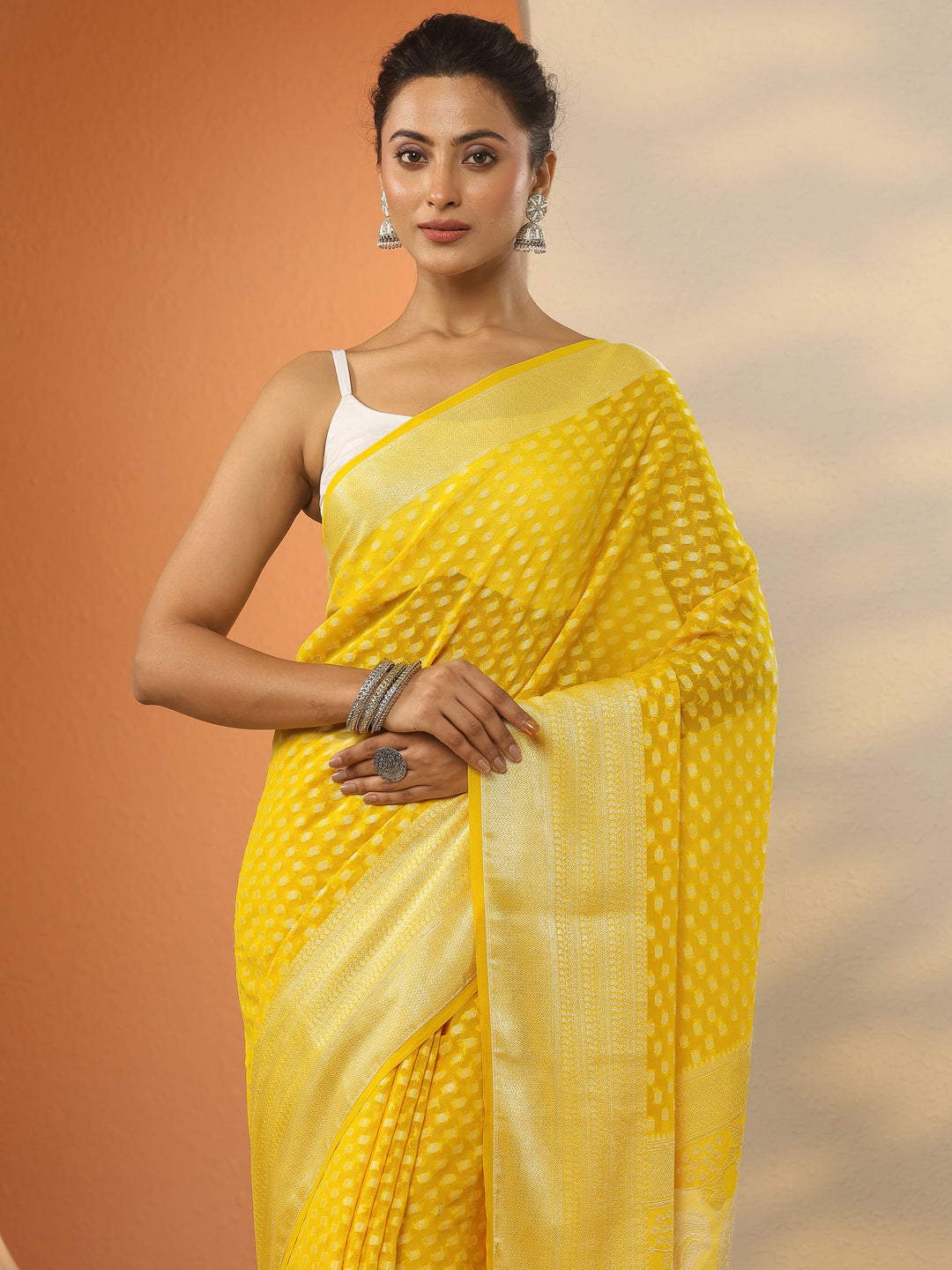  Yellow Woven Design Pure Georgette Saree With Unstitched Blouse Piece 