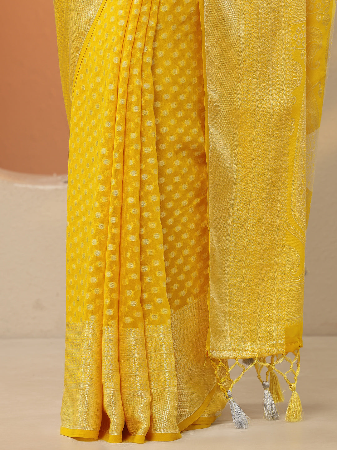  Yellow Woven Design Pure Georgette Saree With Unstitched Blouse Piece 