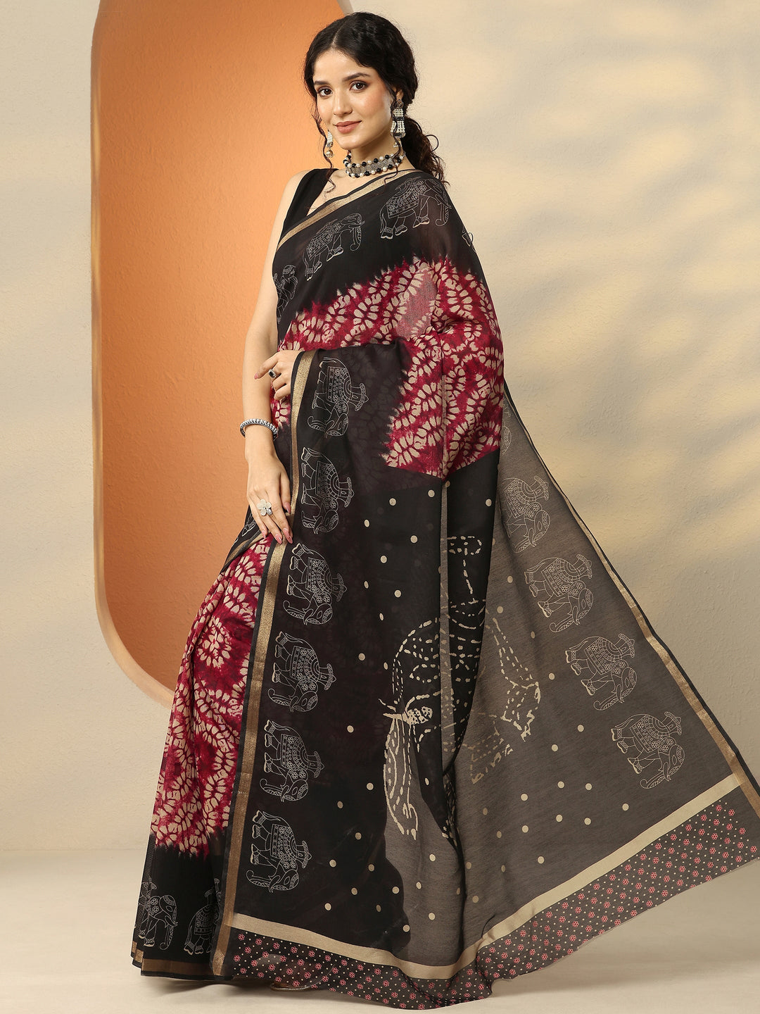  Red Printed Silk Blend Saree With Unstitched Blouse Piece 