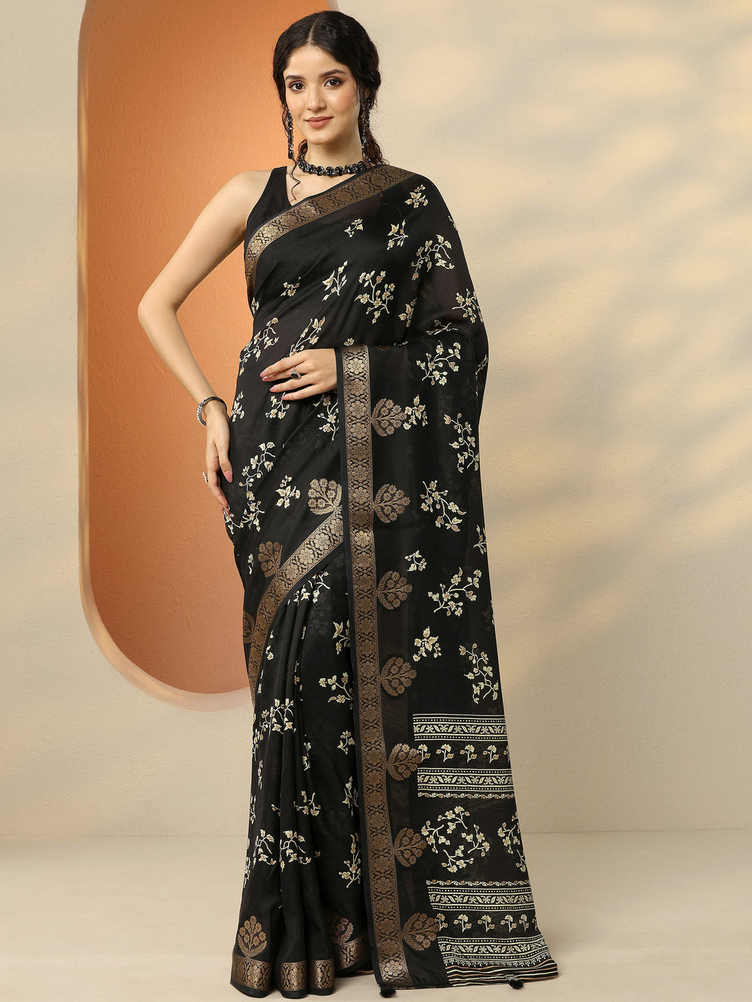  Black Printed Silk Blend Saree With Unstitched Blouse Piece 