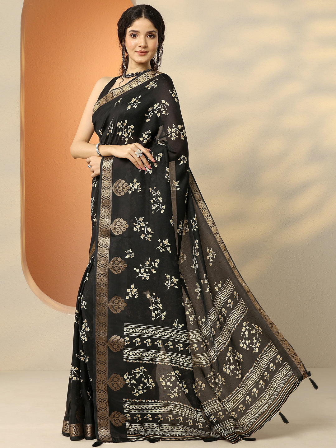  Black Printed Silk Blend Saree With Unstitched Blouse Piece 