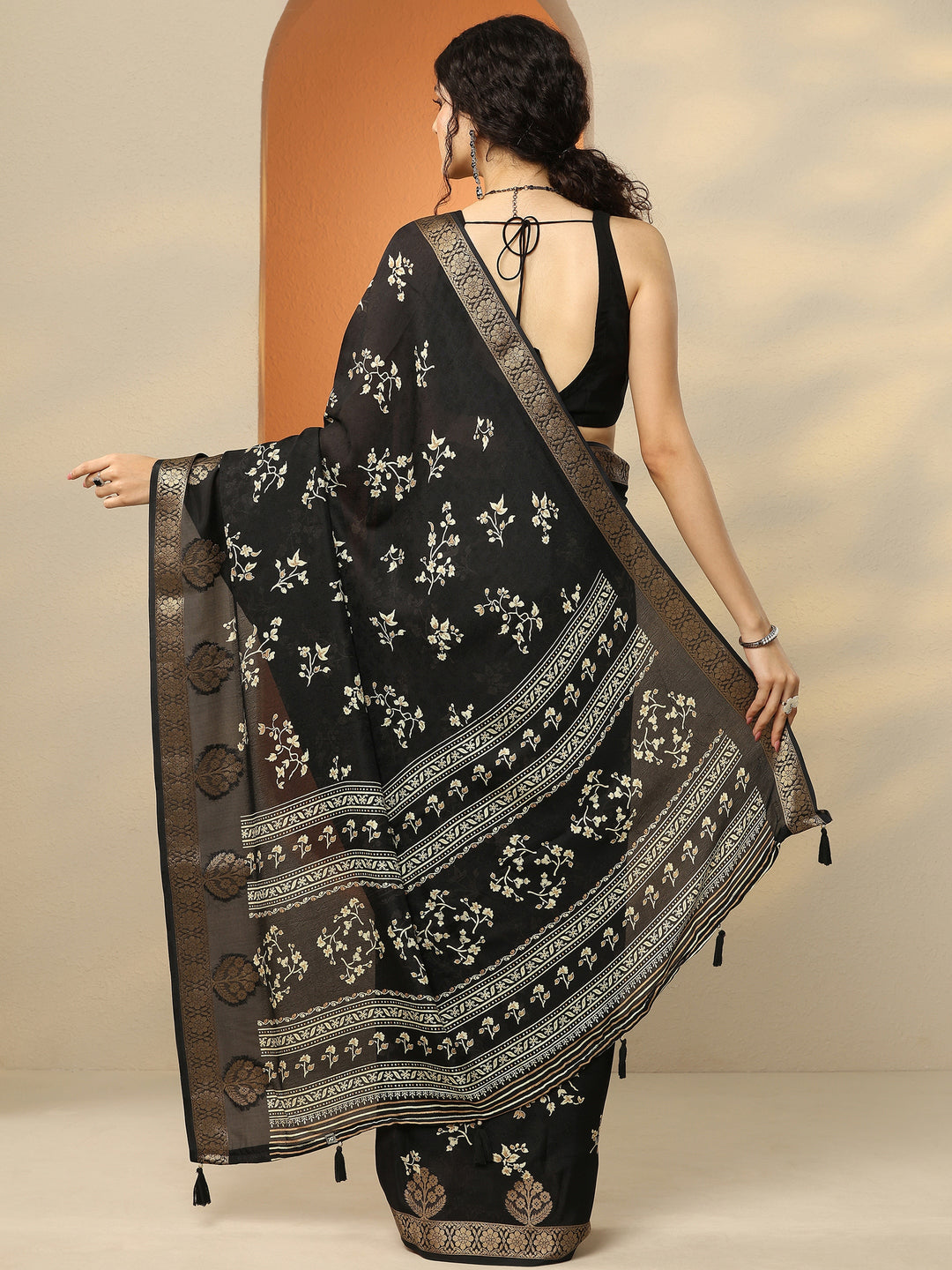  Black Printed Silk Blend Saree With Unstitched Blouse Piece 