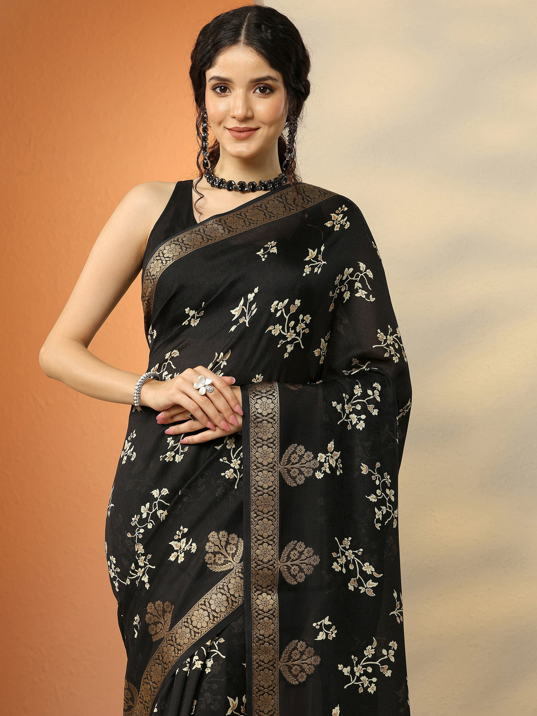  Black Printed Silk Blend Saree With Unstitched Blouse Piece 