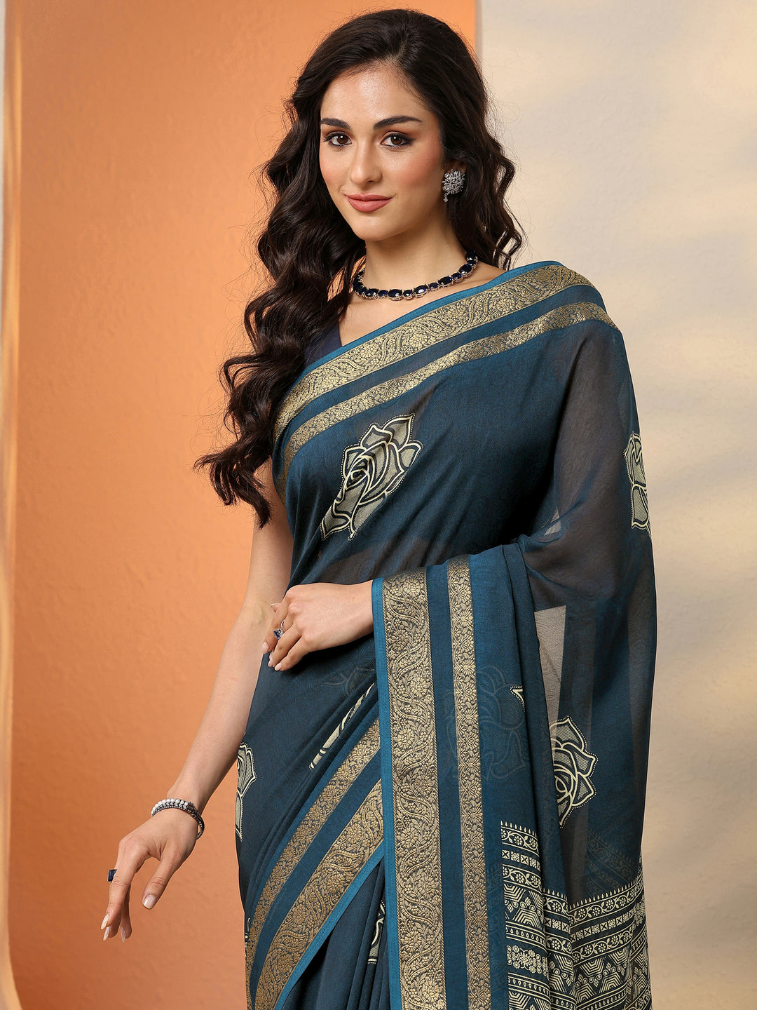  Navy Blue Printed Silk Blend Saree With Unstitched Blouse Piece 