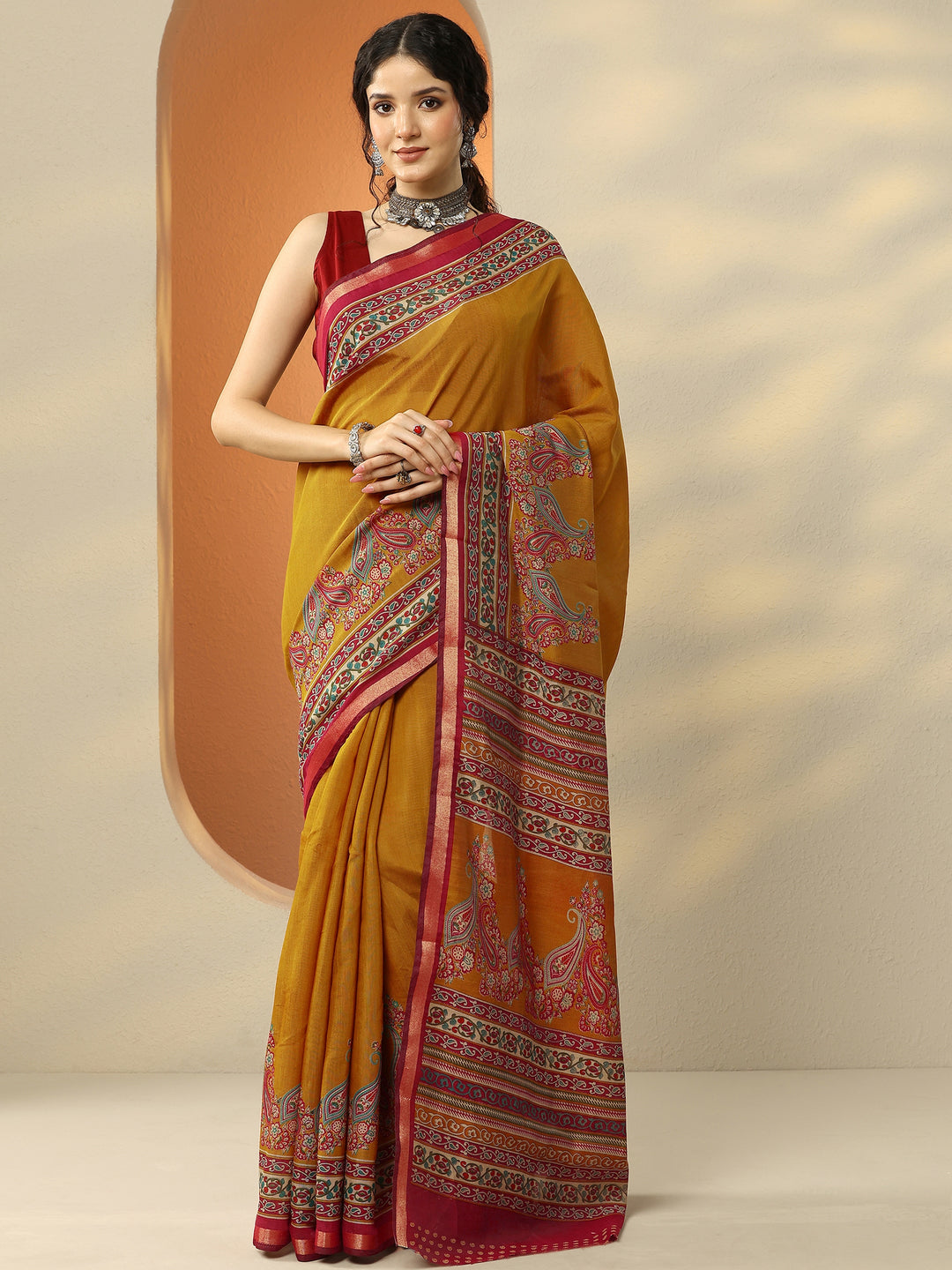  Mustard Paisley Printed Silk Blend Saree With Unstitched Blouse Piece 