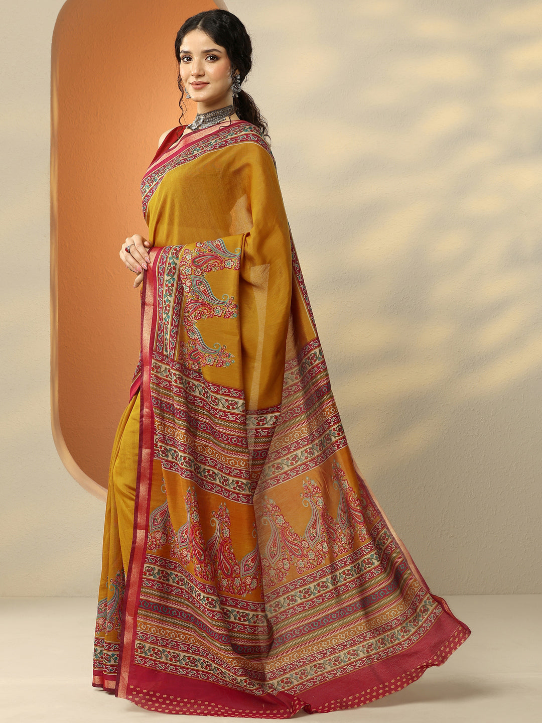  Mustard Paisley Printed Silk Blend Saree With Unstitched Blouse Piece 