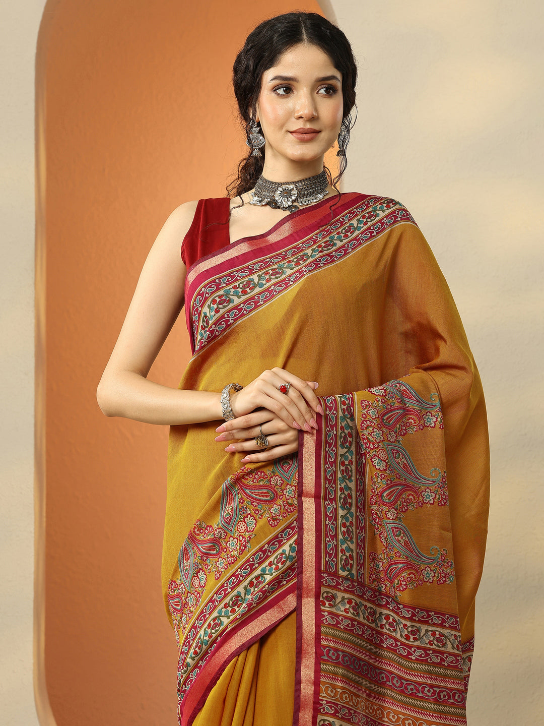  Mustard Paisley Printed Silk Blend Saree With Unstitched Blouse Piece 