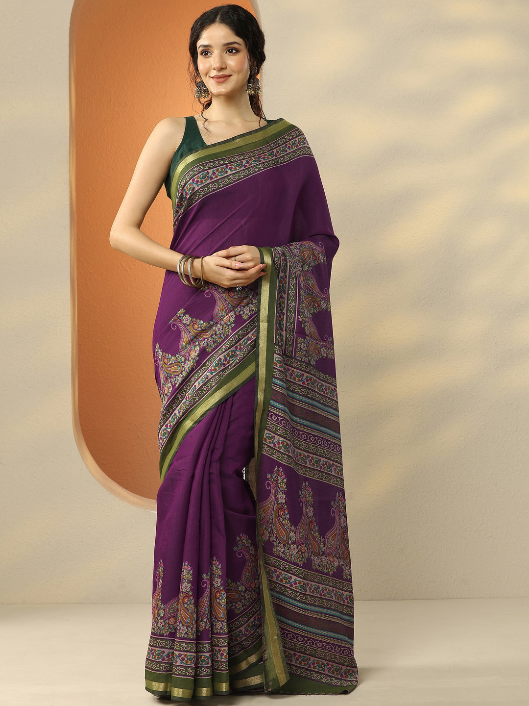  Burgundy Paisley Printed Silk Blend Saree With Unstitched Blouse Piece 