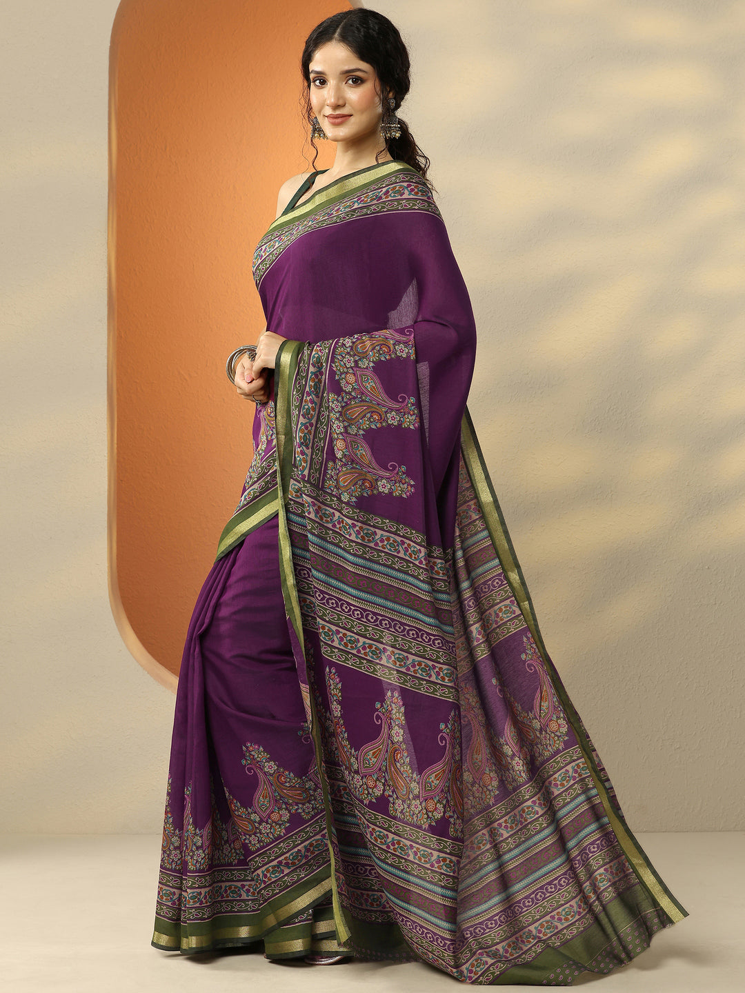  Burgundy Paisley Printed Silk Blend Saree With Unstitched Blouse Piece 