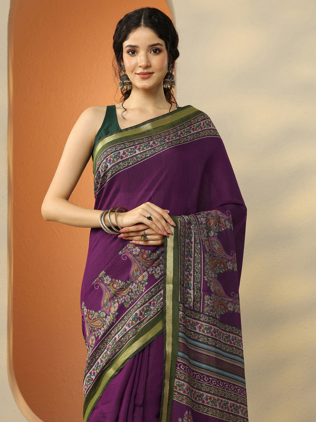  Burgundy Paisley Printed Silk Blend Saree With Unstitched Blouse Piece 
