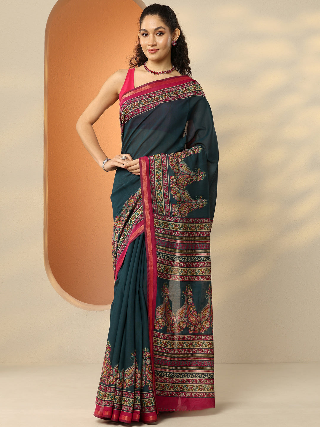  Teal Paisley Printed Silk Blend Saree With Unstitched Blouse Piece 