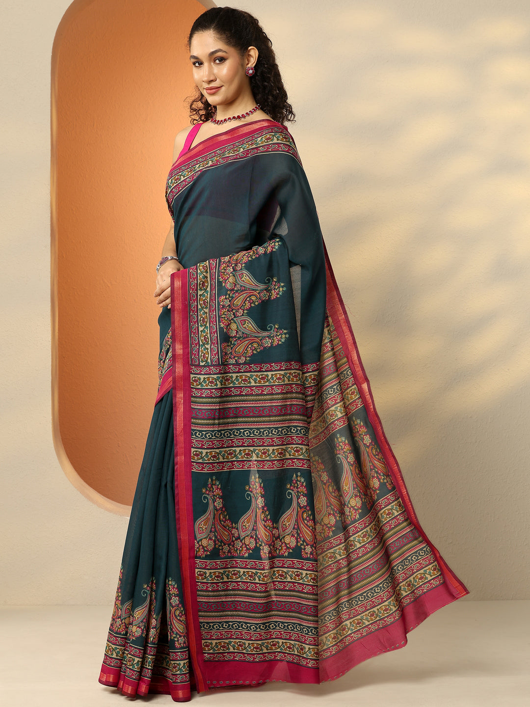  Teal Paisley Printed Silk Blend Saree With Unstitched Blouse Piece 