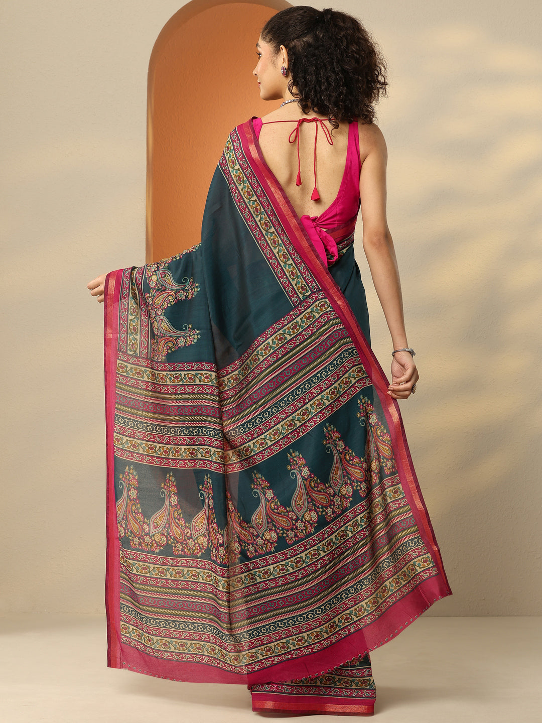  Teal Paisley Printed Silk Blend Saree With Unstitched Blouse Piece 