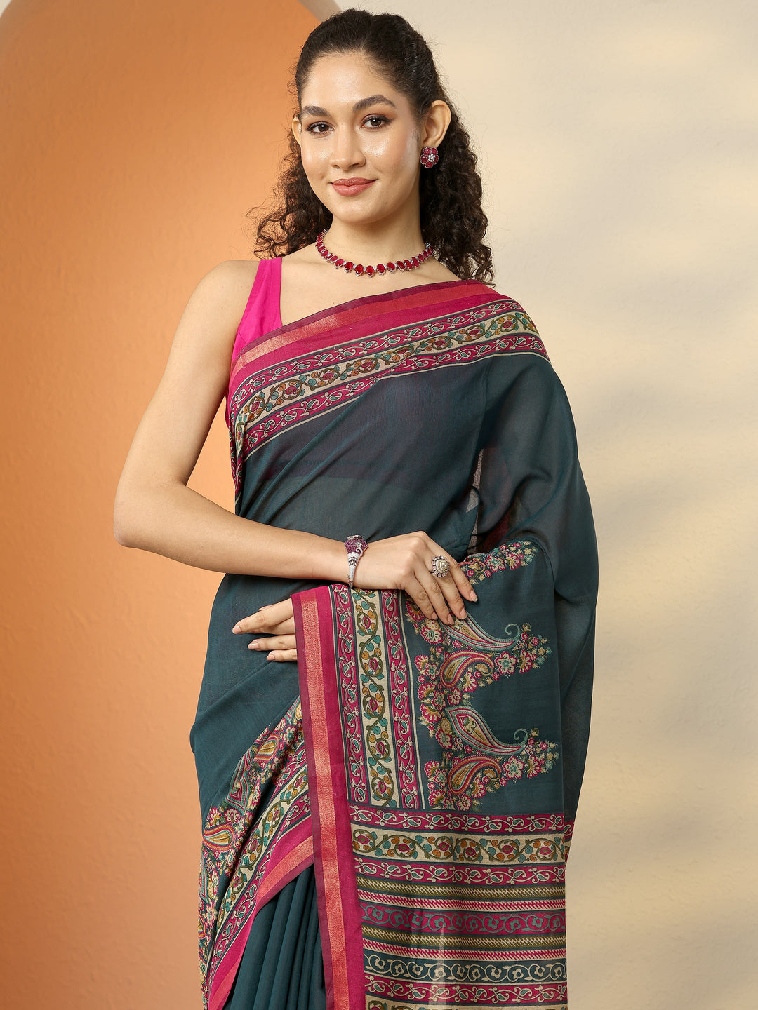  Teal Paisley Printed Silk Blend Saree With Unstitched Blouse Piece 