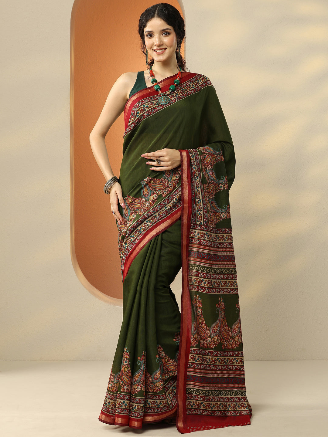  Green Paisley Printed Silk Blend Saree With Unstitched Blouse Piece 